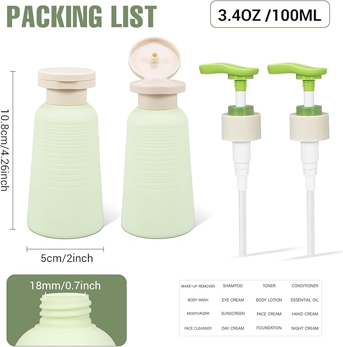 UMETASS 3.4oz Travel Shampoo Bottle with Flip Cap, Refillable Plastic Pump Bottles Dispenser for Soap, Shampoo, Lotions, Liquid Body Wash, Creams and Massage Oil (2Pack, 3.4oz/100ml)