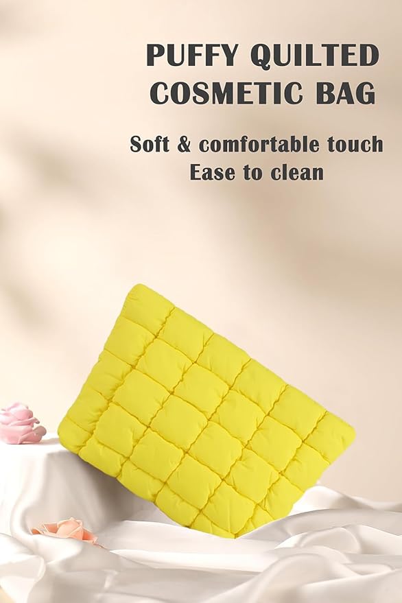 HFLZBRO Puffy Quilted Makeup Bag, Cosmetic Bag, Travel Toiletry Organizer Pouch, Clutch for Women (Yellow)