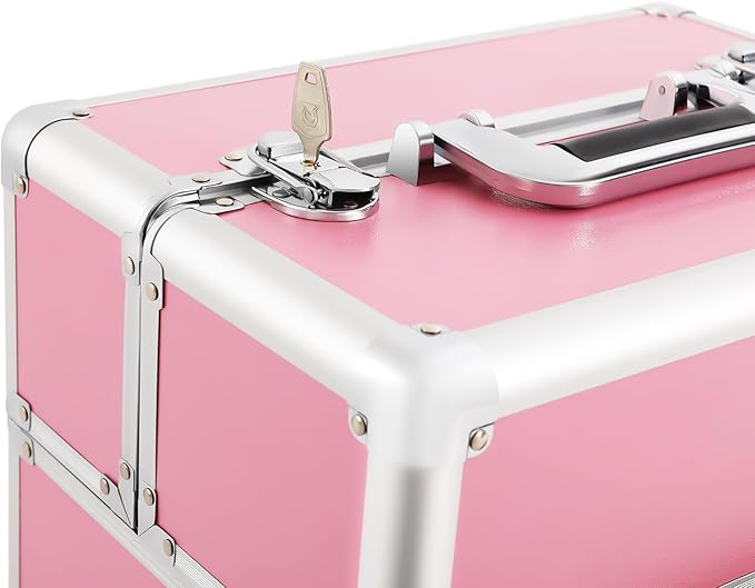 KHROOLT Rolling Makeup Train Case, Large Aluminum Alloy Cosmetic Trolley Case with Wheels & Retractable Handle, Lockable Storage for Makeup Artists, Lash Techs, Travel, Pink