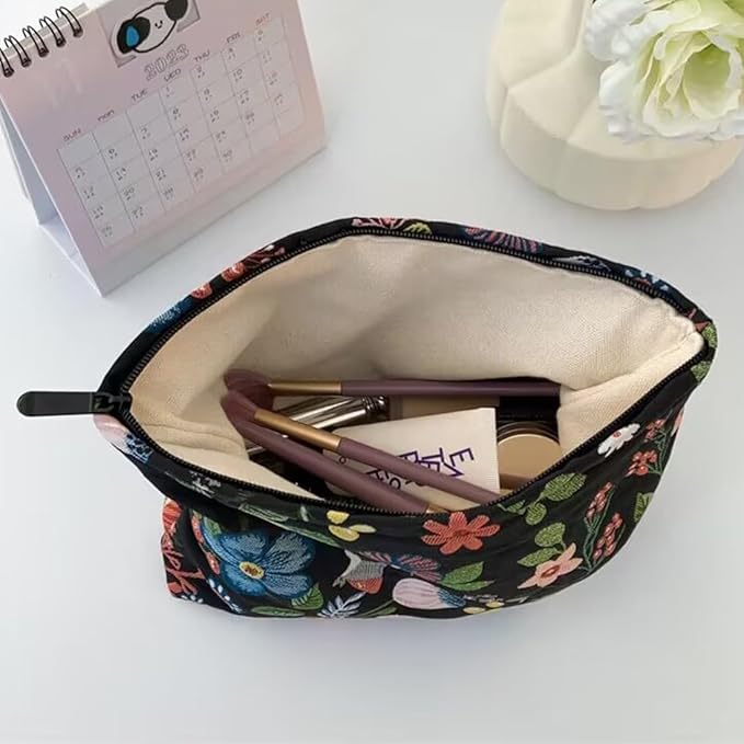 SxoSyo Embroidery Makeup Bag, Floral Cosmetic Bags, Black