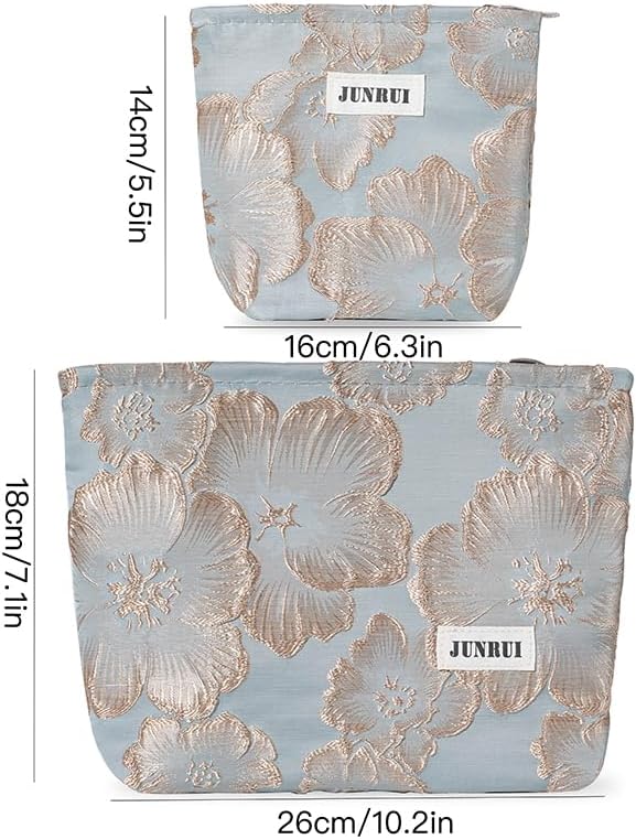 BOCGRPU 2 PCS Makeup Bag Small Cute Makeup Pouch Floral Cosmetic Bag for Women，Soft Toiletry Bag Pouch for Purse，Embroidery Craft Makeup Bag with Zipper（Gold Flower）