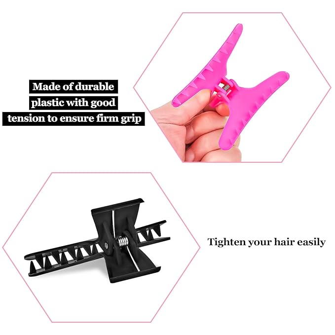 BAHABY Hair Clips for Styling Sectioning 12 Pack Black Hot Pink Butterfly Clamps Hair Claw Clips Pro Salon Hair Clips for Styling, Sectioning, Cutting and Coloring