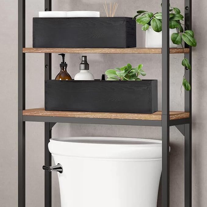 LotFancy Bathroom Decor Box, 2 Pack Wooden Toilet Paper Holder, Black Toilet Tank Storage Basket, Farmhouse Rustic Back of Toilet Tray