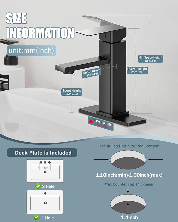 Bathroom Faucets Set with Pop Up Drain, Modern Single Handle Black Bathroom Sink Faucet w/Deck Plate(1 or 3 Hole), Farmhouse RV Vanity Sink Faucet-2 Sets, baño lavamanos Llave