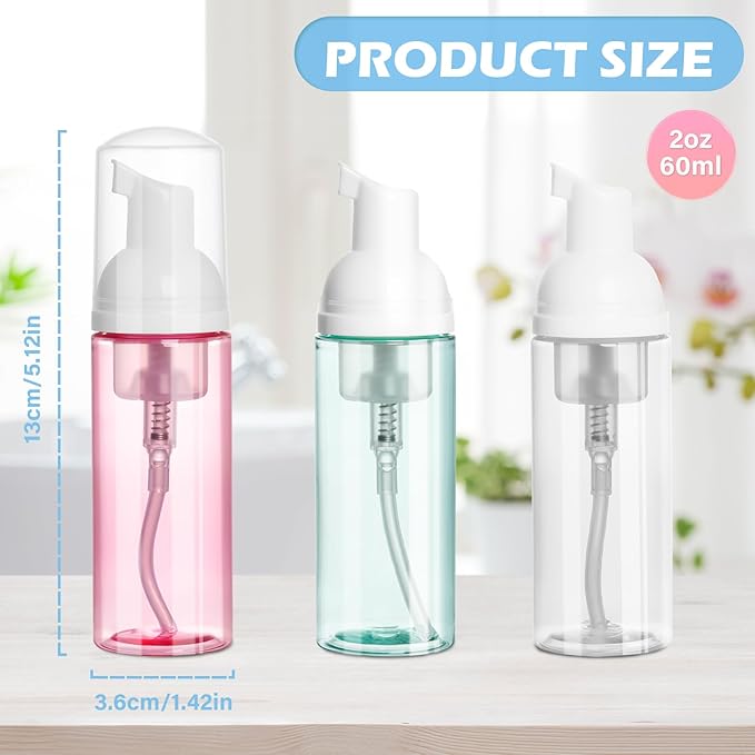 ShanySheny 2oz Travel Foam Pump Bottle, 3PCS Travel Size Empty Foaming Dispenser for Hand Soap, Shampoo, Lash Cleanser (60ml) - Pink, Green, and Transparent