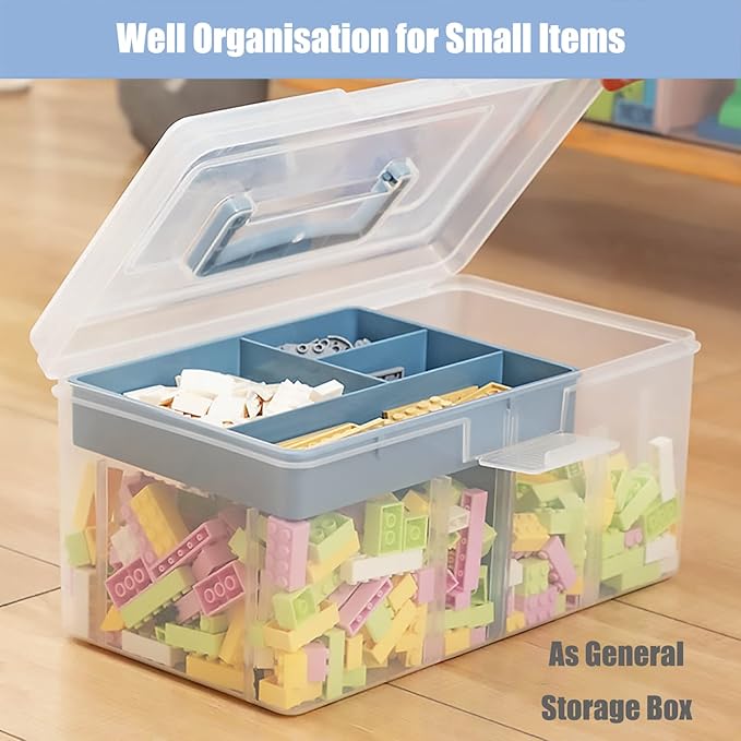 FOREVERIE Clear Plastic Arts & Craft Supplies Organizer Box Large with a Removable Tray & A Partition & Handle, Office Home School Desktop Stationery Storage Box, Medicine Box (Clear & Ocean Blue)