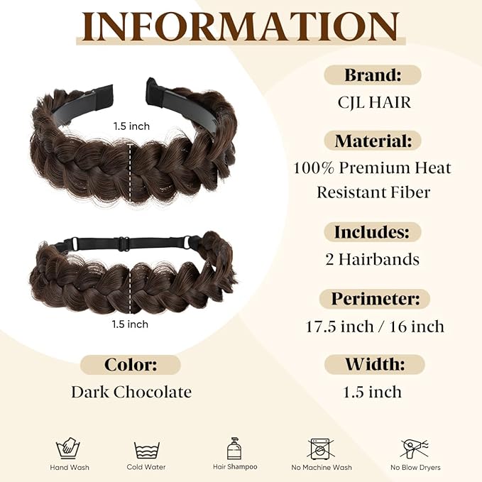 CJL HAIR 2PCs Braided Headbands Hair Piece for Women Synthetic Hair Hoops Head Bands Handmade Braid Hairband Accessories Elastic Stretch Headwrap Dark Chocolate