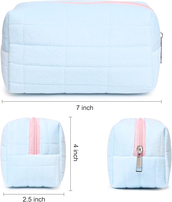 SOIDRAM Makeup Bag Plush Cosmetic Bag Cute Aesthetic Makeup Bag Blue Makeup Pouch Travel Toiletry Bag Organizer Soft Makeup Brushes Accessories Storage Bag for Women