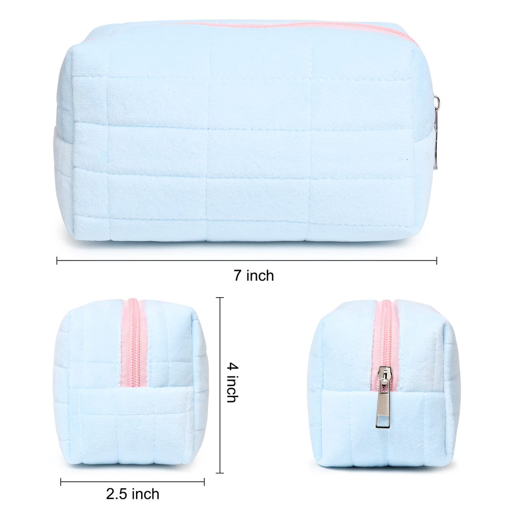 SOIDRAM Makeup Bag Plush Cosmetic Bag Cute Aesthetic Makeup Bag Blue Makeup Pouch Travel Toiletry Bag Organizer Soft Makeup Brushes Accessories Storage Bag for Women