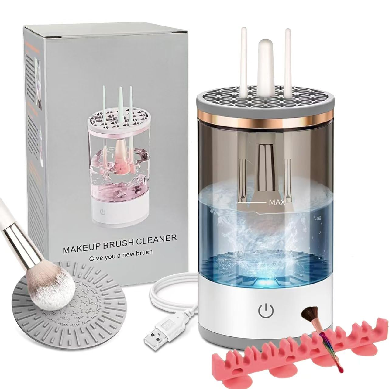 Electric Makeup Brush Cleaner Efficient Deep Cleaning and Drying of Mmake-Up Brushes Portable Automatic USB Cosmetic Brushes Cleaner Tool for All Size Beauty Makeup Brush Set(Grey)