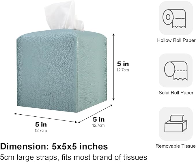 PENGLONG Tissue Box Cover 5X5X5'' PU Leather Tissue Holder Square Tissue Cube Box Organizer for Bathroom Vanity Countertop, Car, Night Stands, Office, Home, Kitchen (1Pack, Light Blue)