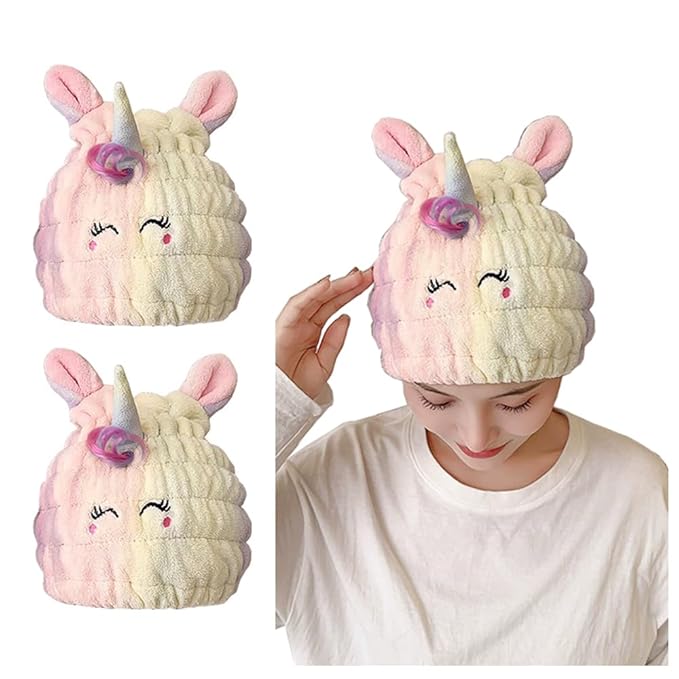 NAWPHEKI Animal Hair Drying Towel Cap for Kids, 2Pcs Cute Unicorn Microfiber Bath Dry Hair Wrap, Absorbent Quick Girls Boys Hair Drying Towel, Suck Water Hat Headscarf for Wet Hair