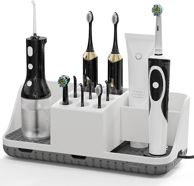 Boperzi Bathroom Counter Organizer for Vanity & Sink Storage: Detachable Electric Toothbrush and Toothpaste Holder, Water Flosser Holder, Bathroom Decor and Accessories Organization Set(Walnut Black)