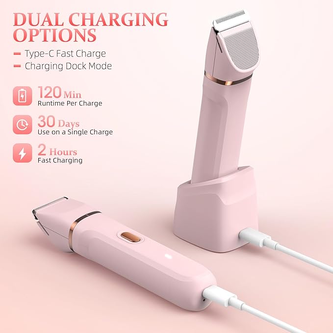 5-in-1 Bikini Trimmer for Women, IPX7 Waterproof Electric Razors Shaver, Cordless Body Hair Trimmer, Facial & Pubic Hair Removal, Ceramic Blade (Pink)