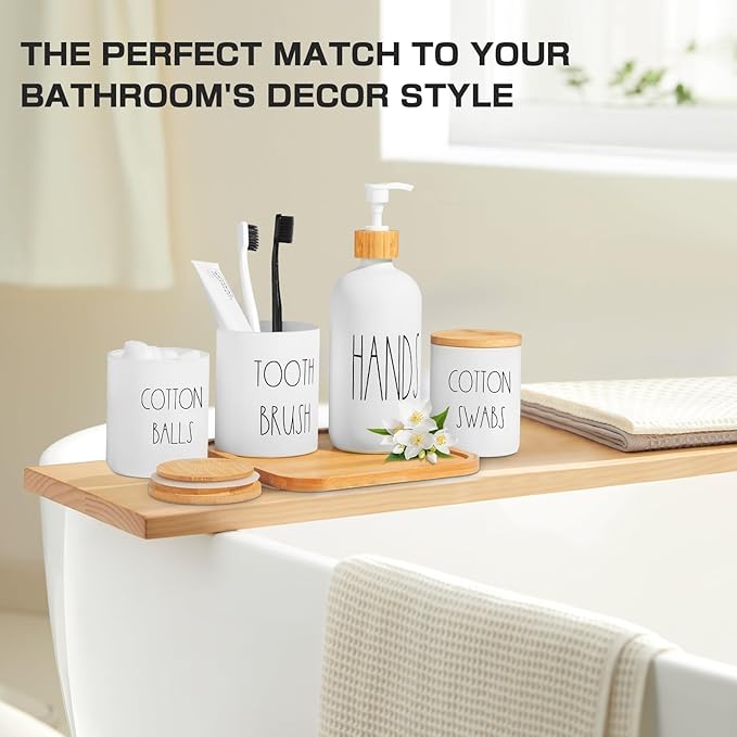 ALPIRIRAL White Bathroom Accessories, 5 Pcs Glass Bathroom Accessory Set with Bamboo Tray, Soap Dispenser and Toothbrush Holder Set, Qtip and Cotton Ball Holder, Farmhouse Boho Bathroom Set Complete