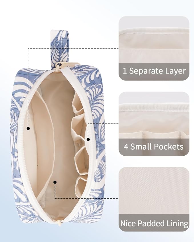 Narwey Makeup Bag, Mini Makeup Pouch with Zipper, Organized Pockets for Women (Blue Leaf, Small)