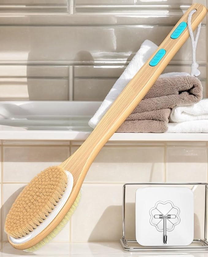 Back Scrubber for Shower, Long Handle Dual-Sided Shower Brush with Soft and Stiff Bristles, Body Exfoliator