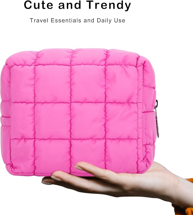 E-Tree Cute Makeup Bag,Quilted Cosmetic Bag,Make up Pouch for Purse,Toiletry Zipper Pouch,Checkered Bag,Travel Case,Storage Pouches for Organization (Hot Pink)