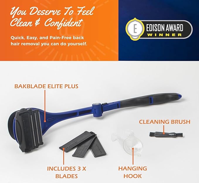 BAKblade 2.0/ELITE PLUS - Back Hair Removal and Body Shaver (DIY), Easy to Use Ergonomic Handle for a Close, Pain-Free Shave, 3 of the Wet or Dry Disposable Razor Blades, Scrubbing Sleeve Included