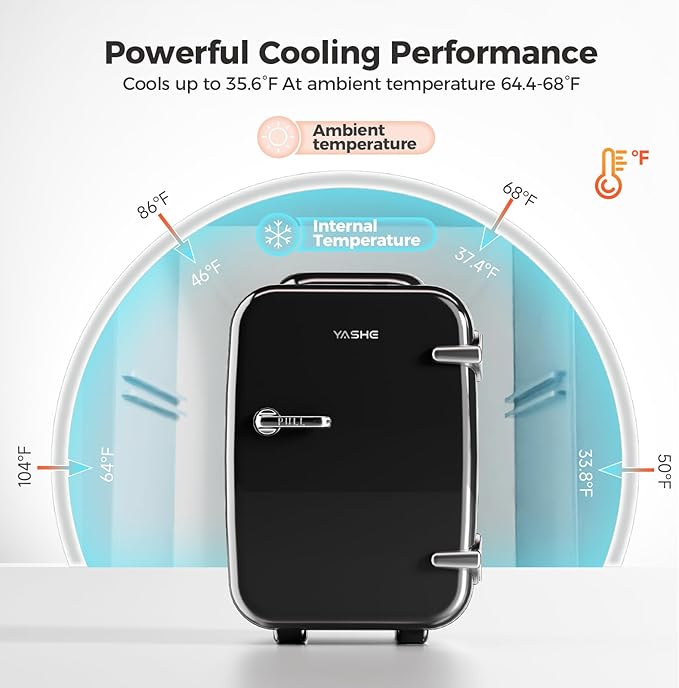 YASHE Mini Fridge, 4 Liter/6 Can Mini Makeup Fridge, 110V AC/ 12V DC Portable Thermoelectric Cooler&Warmer for Skincare, Drink, Cosmetic, Medicine, Small fridge for Bedroom, Office, Dorm, Car, Black