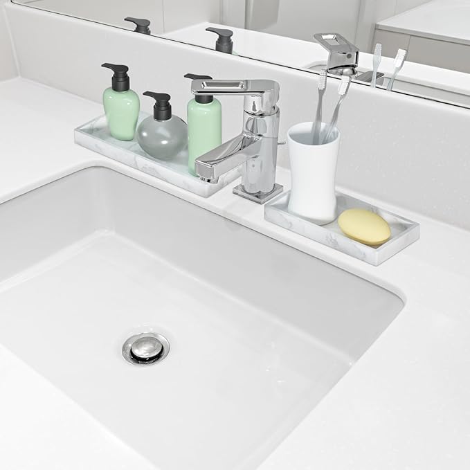 BiSUAN 2 Packs Silicone Bathroom Vanity Tray Large 11.8" ＆ Small 7.8" Set - Rectangle Shatterproof Flexible Bathroom Tray for Soap Dispenser, Tissues, Candles, Towel, Plant, Perfume Key