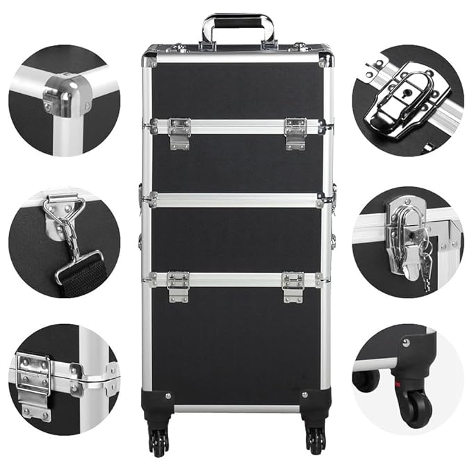 Yaheetech Rolling Makeup Train Case, Cosmetology Nail Organizer, Black