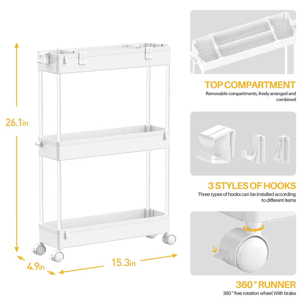 SPACELEAD Slim Storage Cart 3 Tier,Bathroom Organizer Rolling Utility, Mobile Shelving Unit Slide Out for Office, Kitchen, Laundry Room & Narrow Places,White