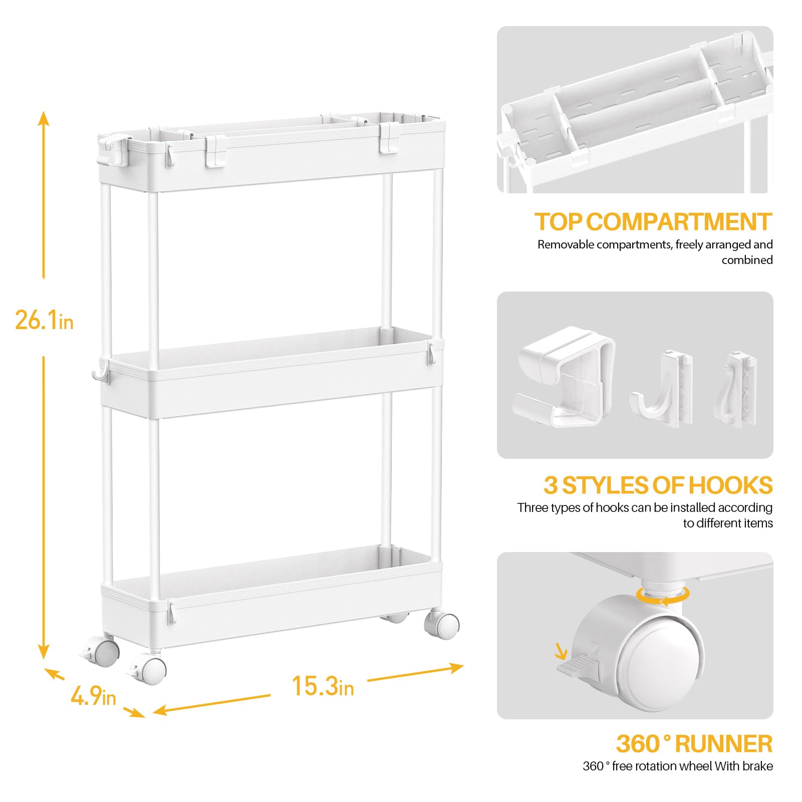 SPACELEAD Slim Storage Cart 3 Tier,Bathroom Organizer Rolling Utility, Mobile Shelving Unit Slide Out for Office, Kitchen, Laundry Room & Narrow Places,White
