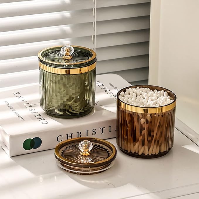 Plastic Cotton Swab Ball Box Pad Holder Floss Organizer Box Clear Container Dispenser-Amber