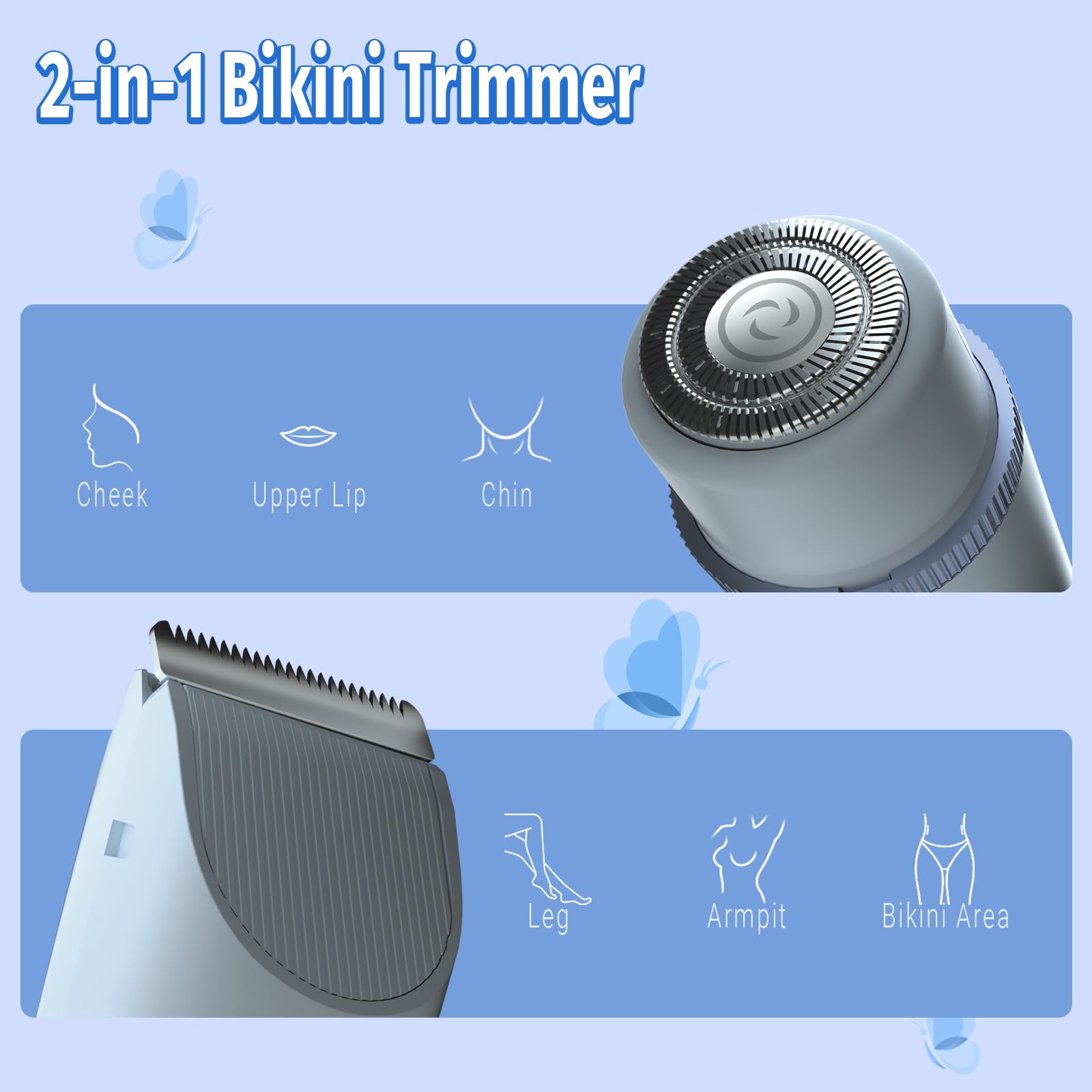 Bikini Trimmer for Women, 2 in 1 Electric Shaver for Women, Rechargeable Electric Razor Body Hair Trimmer Wet & Dry Use, Blue