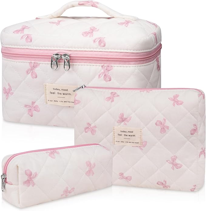Gosect 3PC Makeup Bag Set, Quilted Makeup Bag Set, Large Floral Cosmetic Bag for Women, Cute Cotton Makeup Bags, Flower Travel Toiletry Organizer Bag (White Pink Bow Tie)