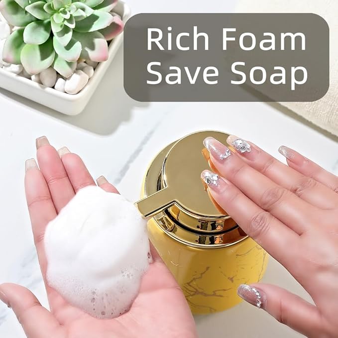 Marble Foam Soap Dispenser for Bathroom, Chic Ceramic Bottle, Gold Soap Dispenser Pump (White)