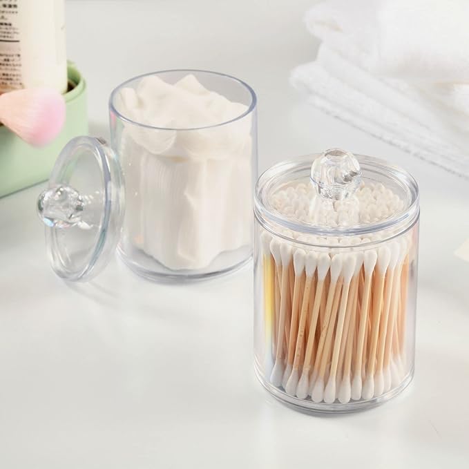 White Qtip Holder Organizer Dispenser Cotton Swabs Cans Plastic Jars with Lid Set 4 Pack Bathroom Storage Canister for Cotton Ball Floss Cotton Pads