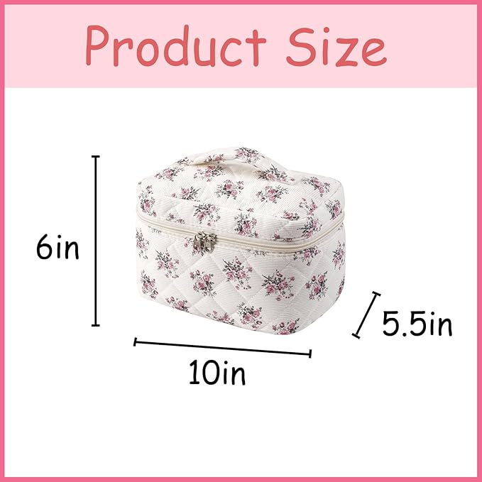 uekeboag Large Travel Quilted Makeup Bag for Women, Floral Cotton Cosmetic Bag, Coquette Aesthetic Floral Toiletry Organizer Bag(Corduroy Pink