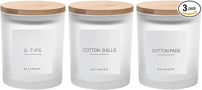 Ezebesta 3PCS Modern 13.53oz Transparent Bathroom Canisters with 12 Labels & Wooden Lid Thick Glass Jar Set Qtip Holder for Cotton Ball & Pads Storage Organization Minimalist Decor
