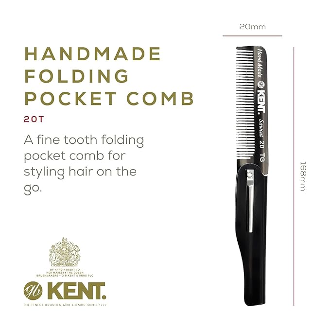 Kent 20T Handmade Fine Tooth Folding Comb + 81T Hand Made Pocket Comb for Beard and Mustache - Beard Growth/Fine Tooth Combs - Beard Straightener Grooming Kit