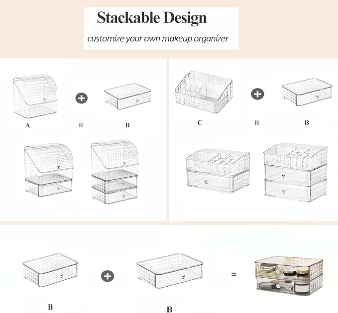 MIATTCLD Stackable Clear Makeup Organizer Cosmetic Storage Box, Makeup Display Cases Skincare Organizer, Plastic Makeup Holder for Vanity, Bathroom, Cabinet, Desk Countertop (B)
