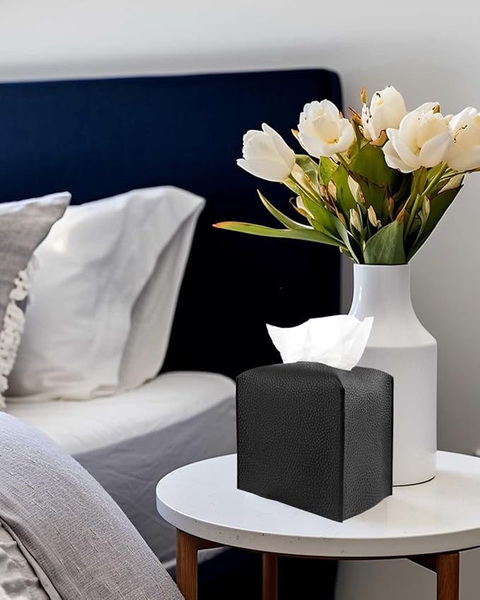 Leather Tissue Box Cover Square – Tissue Holder with Bottom Belt [JESMINI, Black] Aesthetic PU Leather Tissue Box Holder Decorative for Bathroom, Home Office Decor