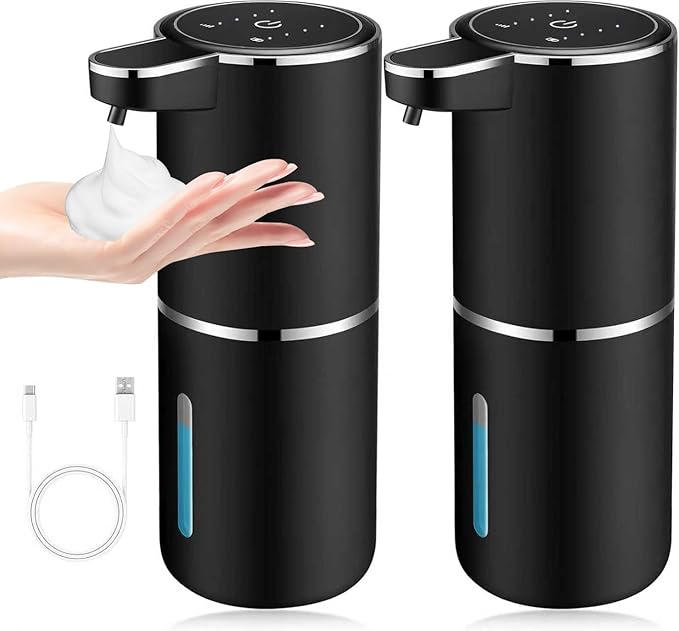 2 Pack Automatic Soap Dispensers,12.8oz/380ml USB Touchless Automatic Foaming Soap Dispenser,Rechargeabled Wall Mounted Smart Soap Dispenser for Bathroom Kitchen Dish Soap(Black)