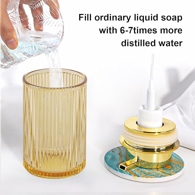 Tonxus Foaming Soap Dispenser, 12 Oz Amber Glass Foam Hand Soap Dispenser, Refillable Lotion Soap Dispenser with Removable Pump for Kitchen Hand Wash Dispenser, Modern Slim Ribbed Bottle for Decor