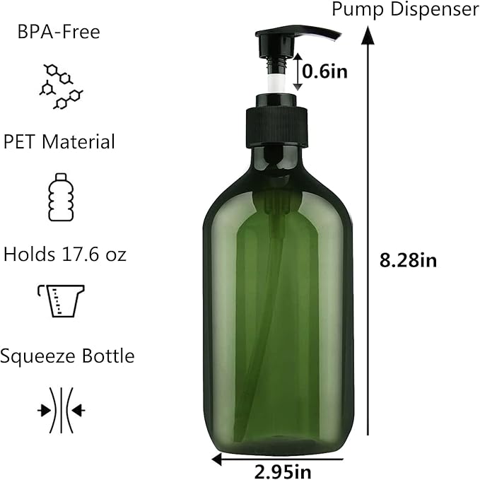 Empty Plastic Bottles with Pump Dispenser, 500ml/16.9oz (Green, 3 Pack)