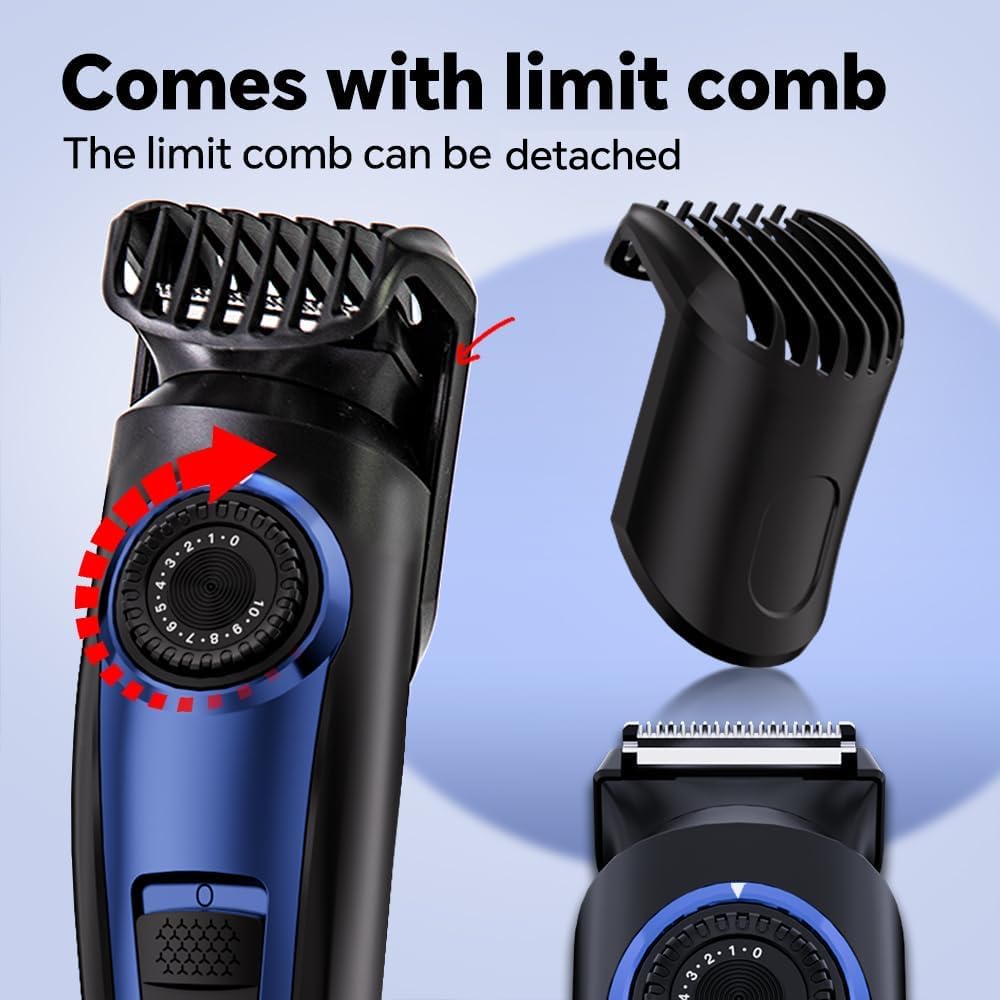 Electric Beard Trimmer for Men Professional Adjustable Length and Hair Clipper, Men's Beard Mustache Trimming and Body Hair Trimmer, Cordless Digital Display and Rechargeable USB Type-c Charger (Blue)