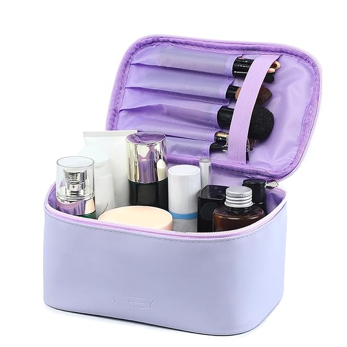 Travel Makeup Bag for Women, PU Leather Cosmetic Bag, Lavender Purple