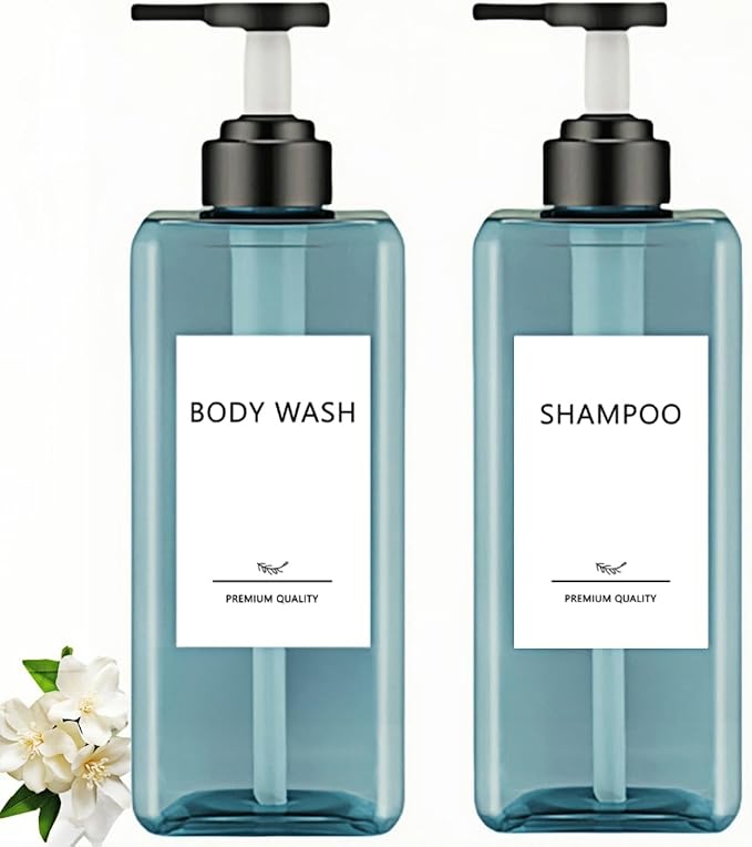 Abriclo Shampoo and Conditioner Dispensers 25OZ Refillable Large Shower Bottles 2Pack Hand Soap Dish Soap Dispenser with Waterproof Labels Square Pump Bottle for Bathroom and Kitchen- Blue, 750ml