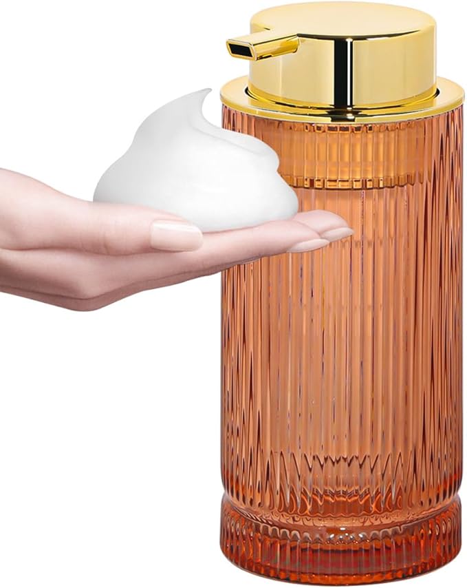 Tonxus Foaming Soap Dispenser, Glass Foam Hand Soap Dispenser with Pump, 14 Oz Bathroom Refillable Liquid Lotion Pump Ribbed Bottle Container for Kitchen Countertop Decor (1, Brown Gold)