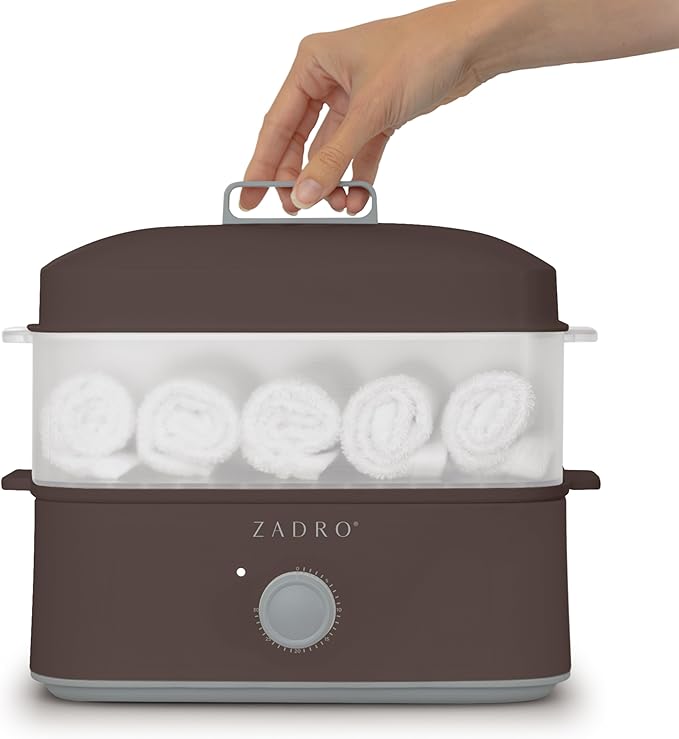 Zadro Towel Steamer with Tongs, 850W Heater, 8L Tray, 1.7L Tank, 30-min Timer for Facials, Manicures, Pedicures, Shaving (13"x12", 120V/850W, 8L, Chocolate)