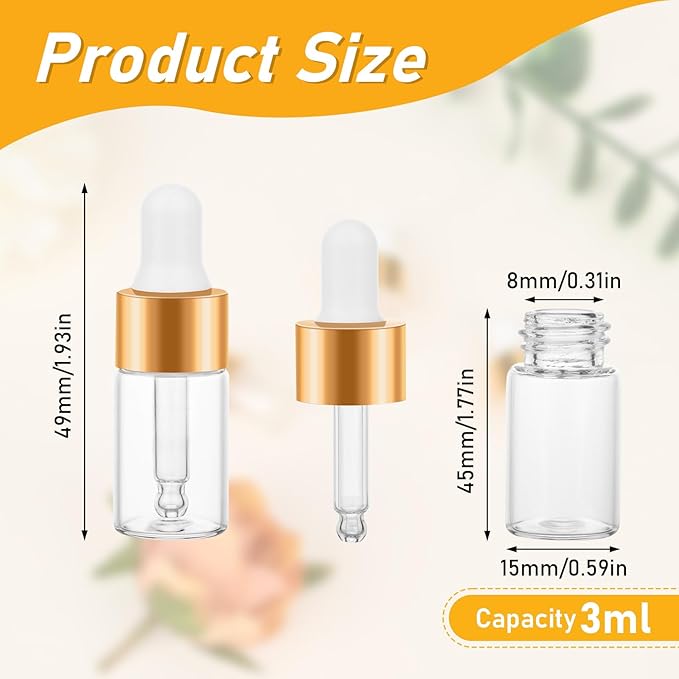 COTOM 100 Pack Mini Dropper Bottle for Cuticle Oil, 3ml Small Sample Essential Oil Dropper Bottles for Travel, Clear Empty Vails for Cosmetic Perfume