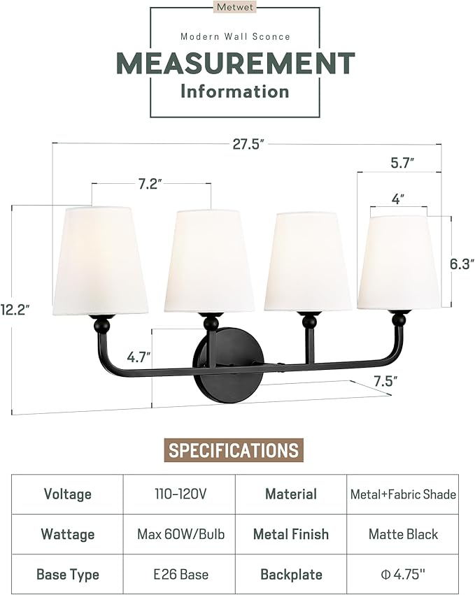 Bathroom Light Fixtures, 4 Light Matte Black Vanity Lights with Flared White Fabric Shade, 28 Inch Wall Sconce, Modern Sconces Wall Lighting for Hallway Bedroom, VL837-MB-4