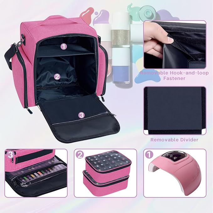YAHOURWAT Nail Polish Organizer Holds 60 Bottles and a Nail Lamp,Portable Travel Case with 2 Removable Bags and Tools Storage Pockets Rose Red