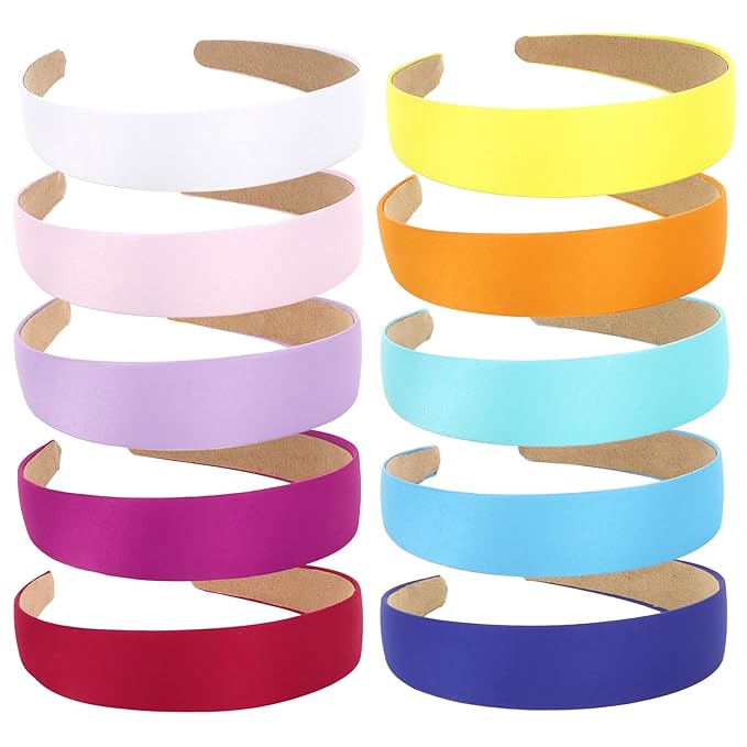 Wecoe Hairband, 10 Pack Satin Headbands Women 1.3 Inch Wide White Blue Pink Purple Red Orange Yellow Green, Non Slip Fashion Hair Bands Diy Holiday Costume Hair Accessories Women Girls